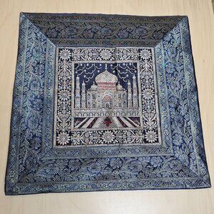 Taj Mahal Embroidered Square Silk Tapestry Pillow Cover17" X 17" Blue & Gold Des